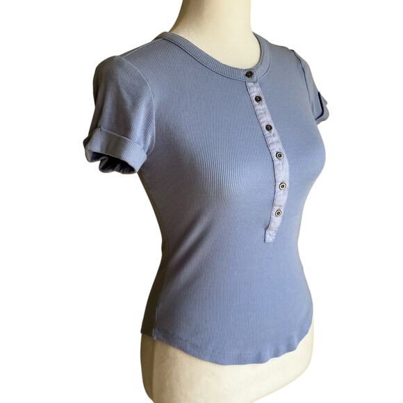 Anthropologie Pilcro XXS The Andie Ribbed Henley Top Short Sleeve Light Blue - Picture 7 of 16
